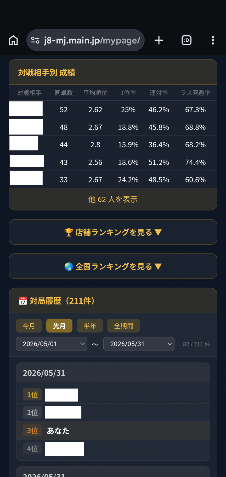 マイページ 対局履歴
