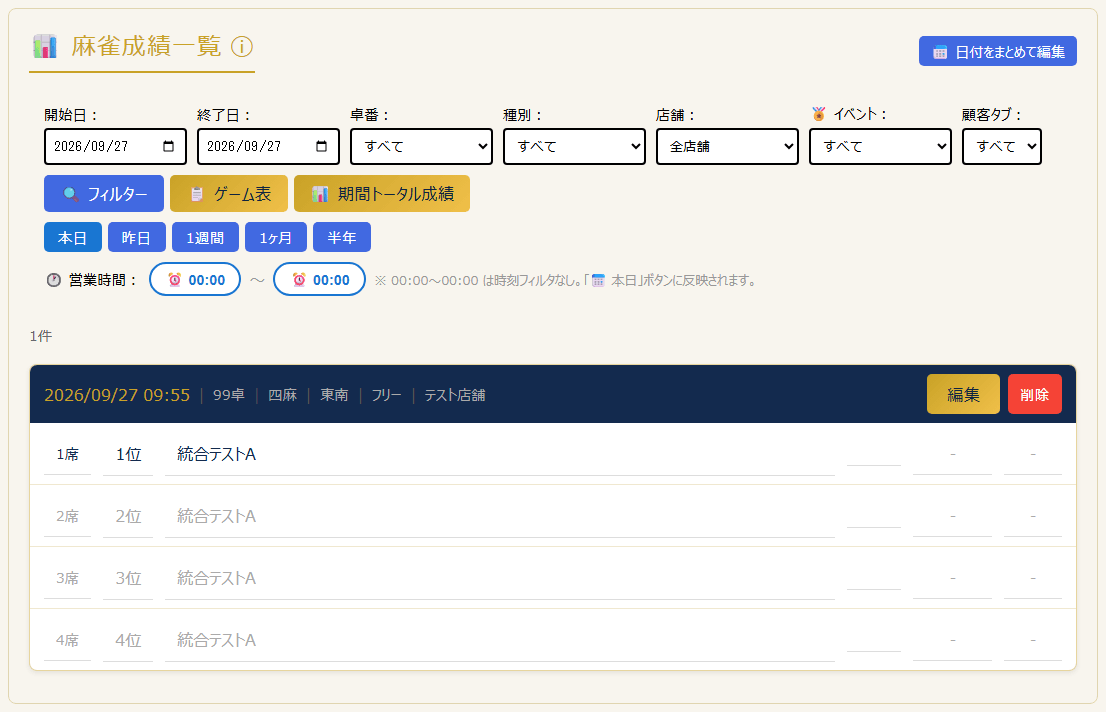 成績一覧:フィルターと記録の一覧(PC表示)
