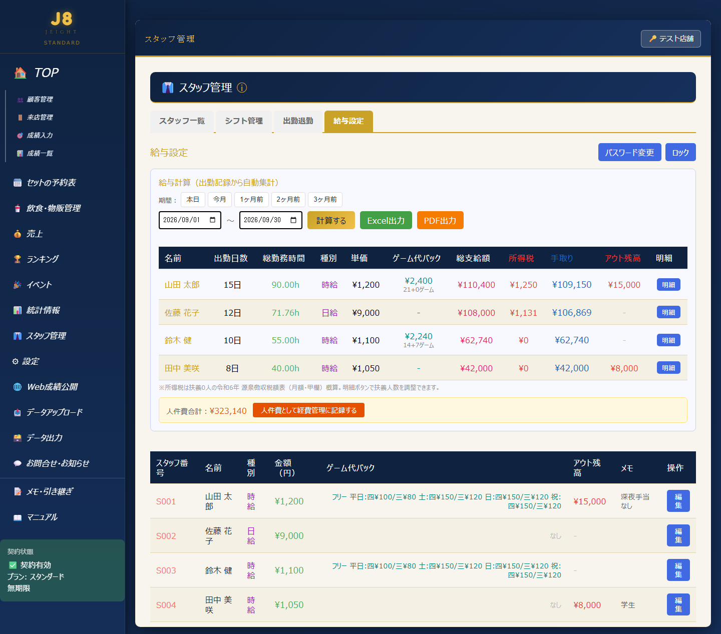 給与計算の結果(PC表示)