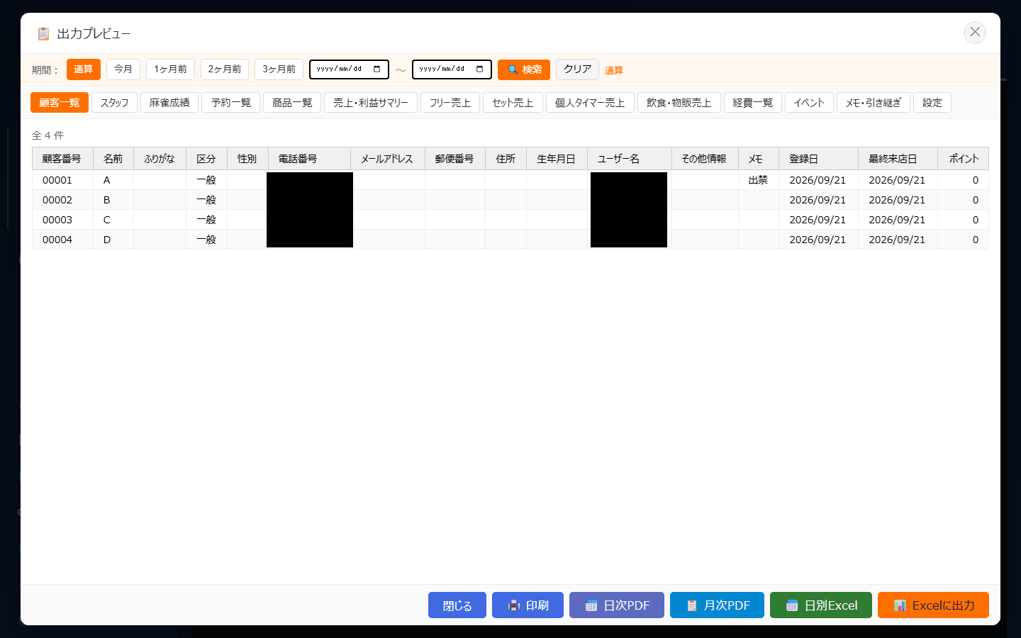 出力プレビュー画面(期間・タブ・出力ボタン)(電話番号・ユーザー名は伏せています)(PC表示)